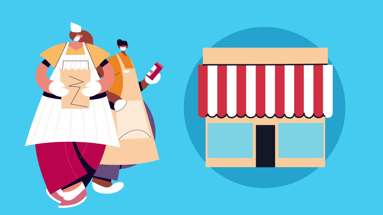 레스토랑 직원들은 코로나19 보호를 위해 의료 마스크를 착용합니다.