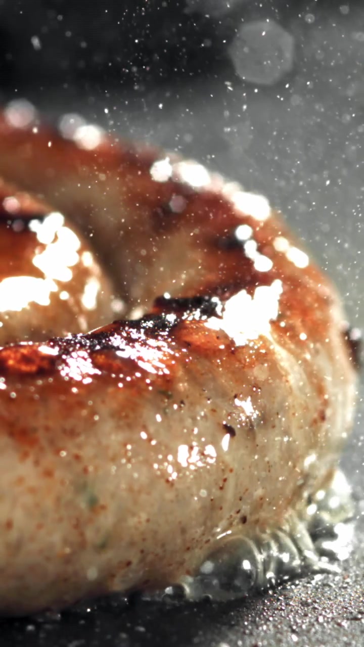 Close-up of a Delicious Sausage Frying and Sizzling in a Hot Pan
