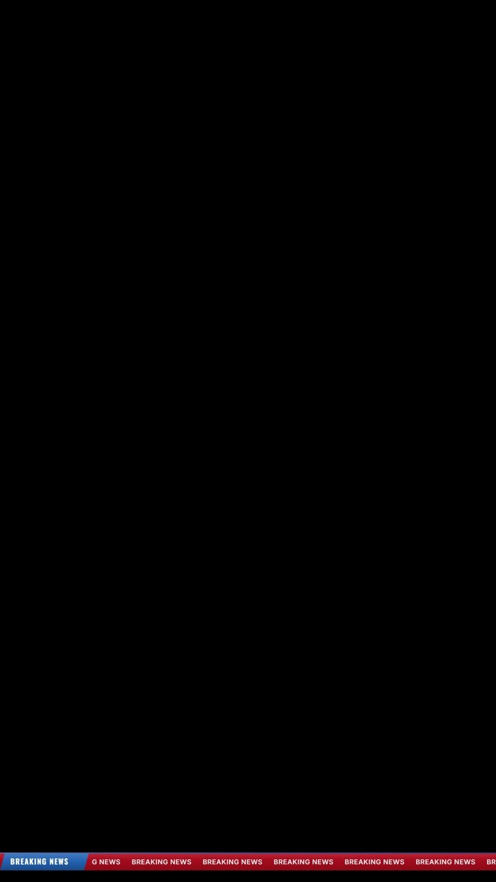 Vertical view of scrolling breaking news ticker bar graphic animated across bottom on black background