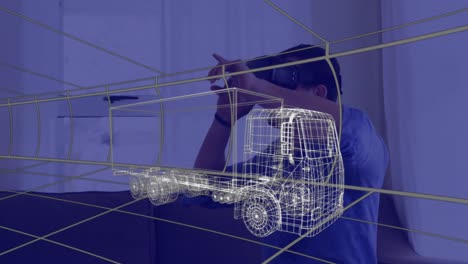 Animation-of-3d-technical-drawing-of-truck,-over-man-at-home-wearing-vr-headset