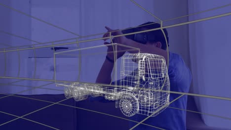 animación de dibujo técnico 3d de camión, sobre el hombre en casa con auriculares vr