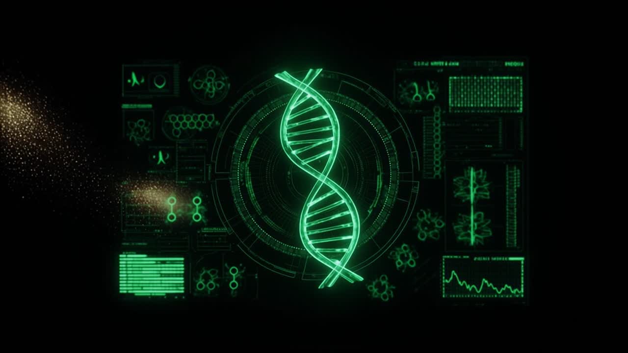 Glowing Green DNA Helix with Digital Scientific Interface