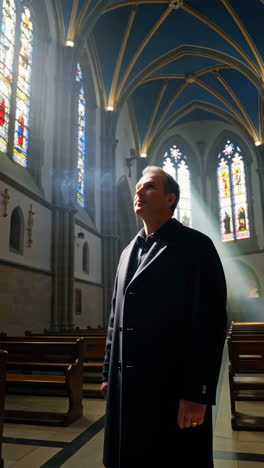 man looks up at light rays streaming into a historic church