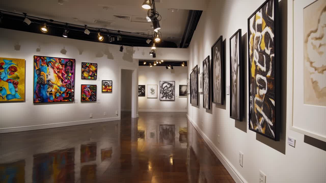 Wide-angle shot of a modern art gallery with vibrant paintings on white walls, creating a dynamic