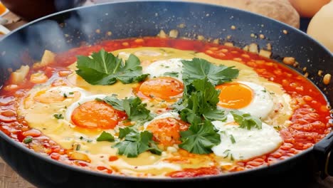 shakshuka with eggs in a pan