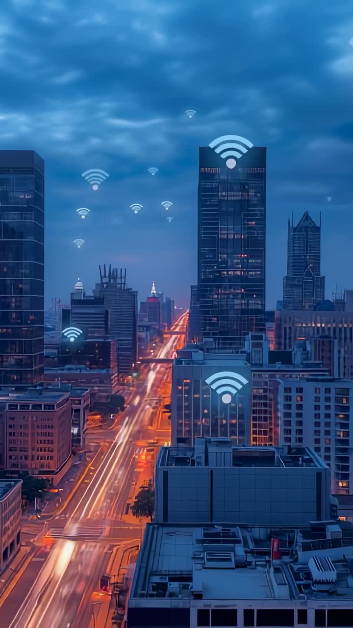 Vertical video: Appearing on horizon, wifi icons rising over urban avenue, showing network coverage