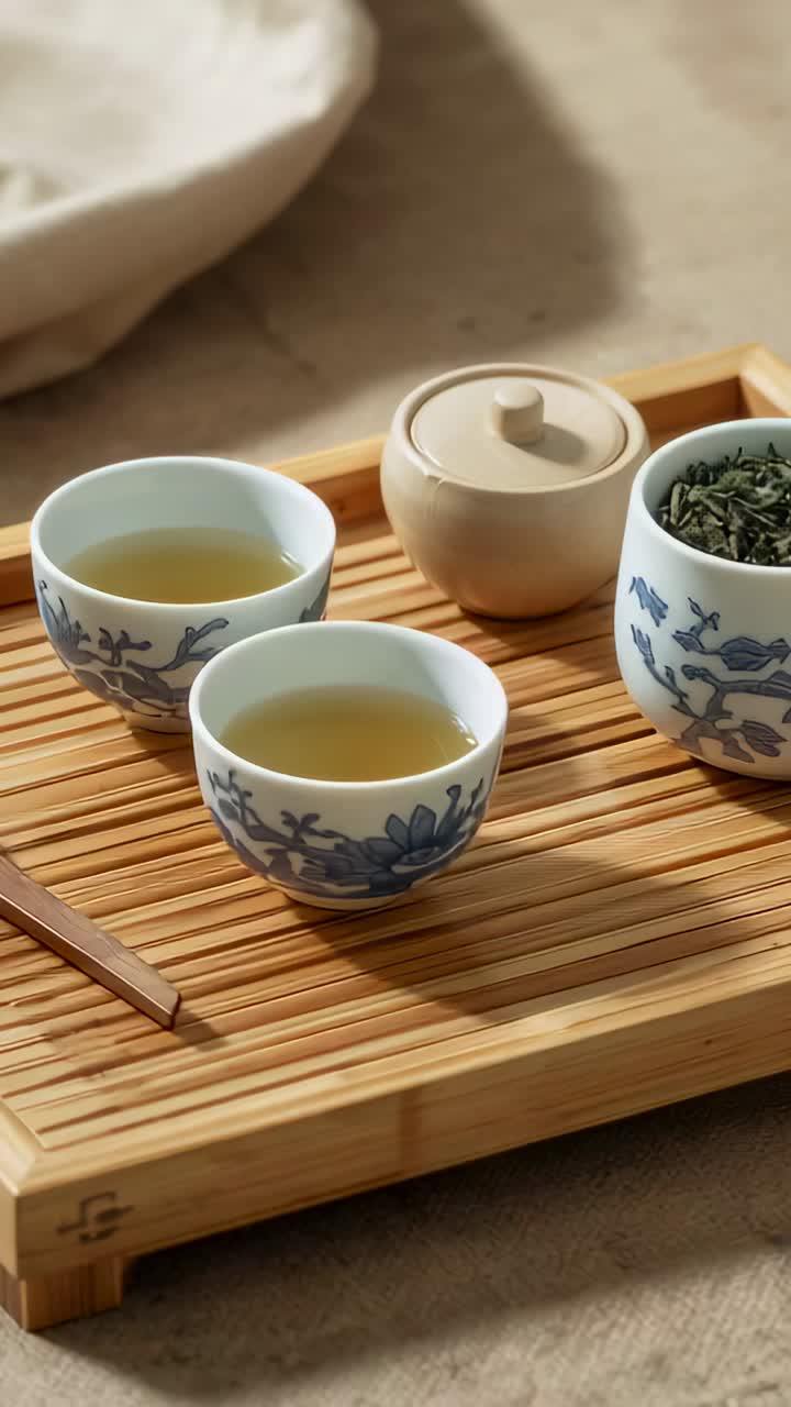 Vertical video: Starting pan, camera focusing on blue cups on bamboo tray at home, highlighting tea