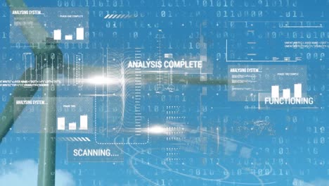 Animation-of-multiple-texts,-graphs-moving-lines-and-binary-codes-over-low-angle-view-of-windmill