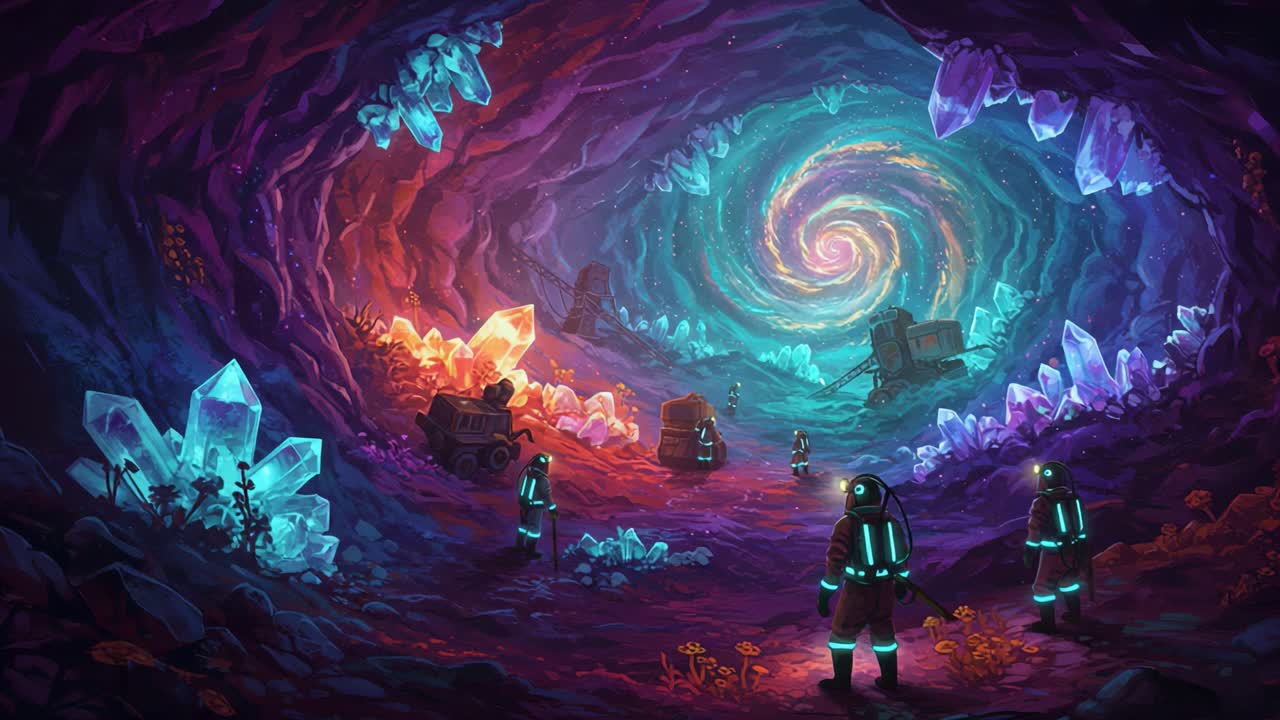 Exploring a Mystical Cave: A Group of Space Explorers in Neon Suits Discovering a Crystal-filled Tunnel with a Cosmic Spiral in the Background