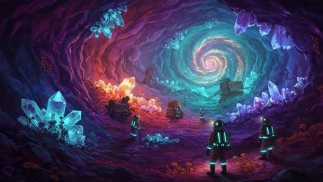 exploring a mystical cave: a group of space explorers in neon suits discovering a crystal-filled tunnel with a cosmic spiral in the background