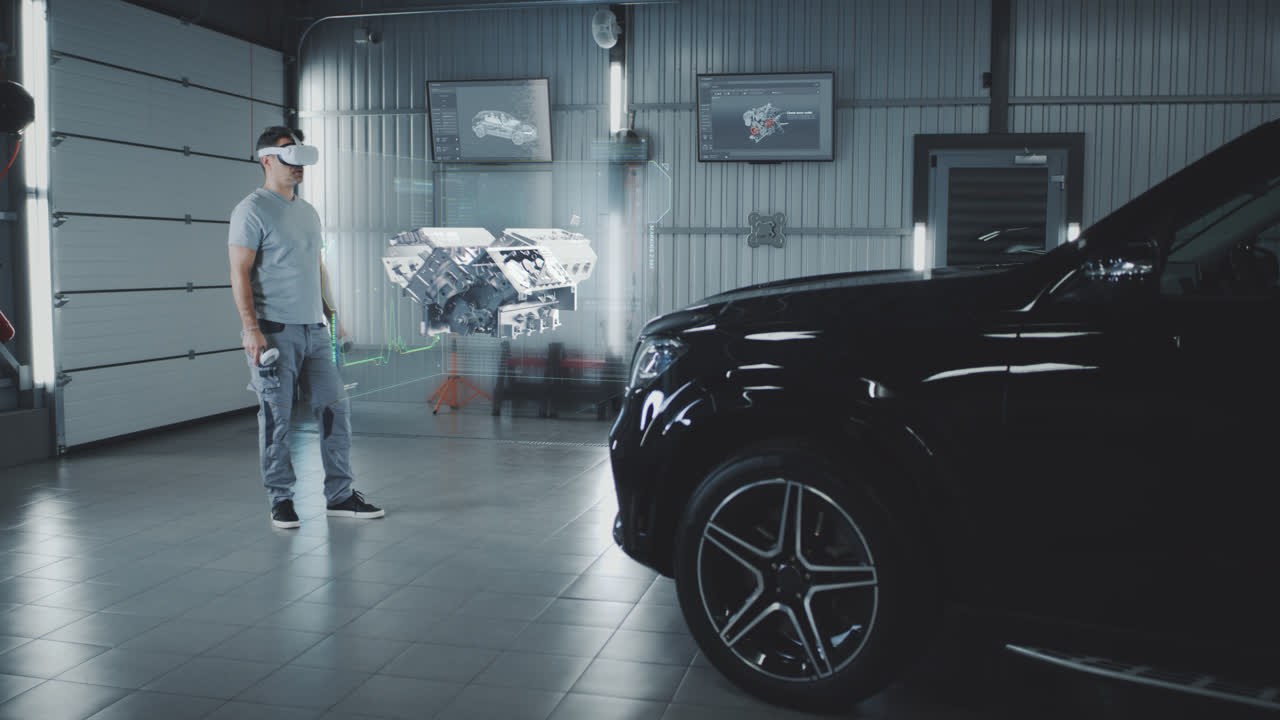 Automotive technician uses virtual reality for car repair in a garage