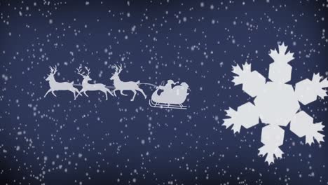 Digital-animation-of-silhouette-of-santa-claus-in-sleigh-being-pulled-by-reindeers-and-snowflakes