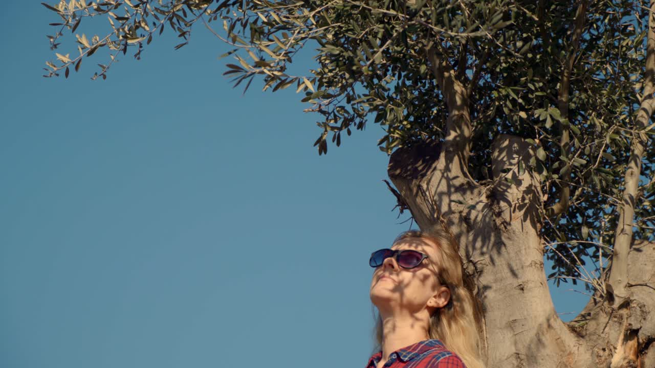 una mujer con gafas de sol descansa bajo la corona de un olivo exponiendo su cara al sol