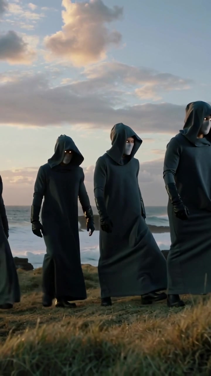 Vertikal video: Trio i kåber kommer ind fra venstre, går langs kysten i skumringen i formation med oplyste masker