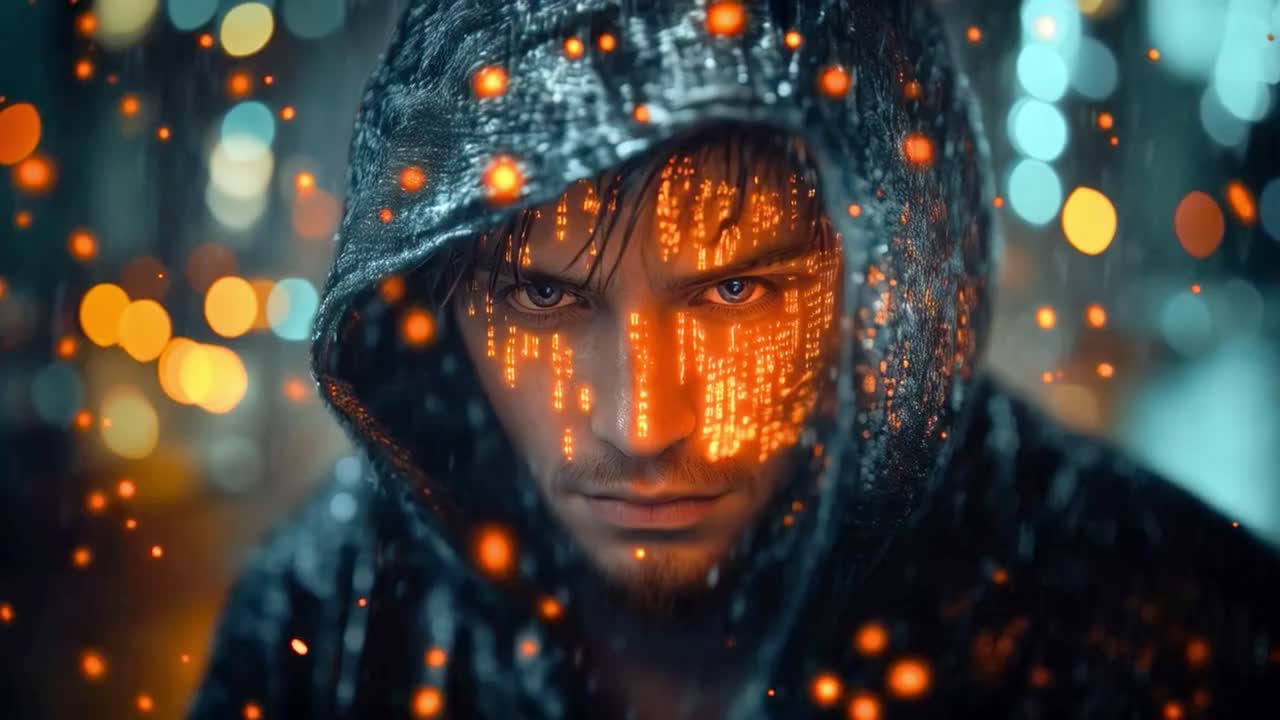Cyberpunk Hacker Portrait with Digital Code Overlay