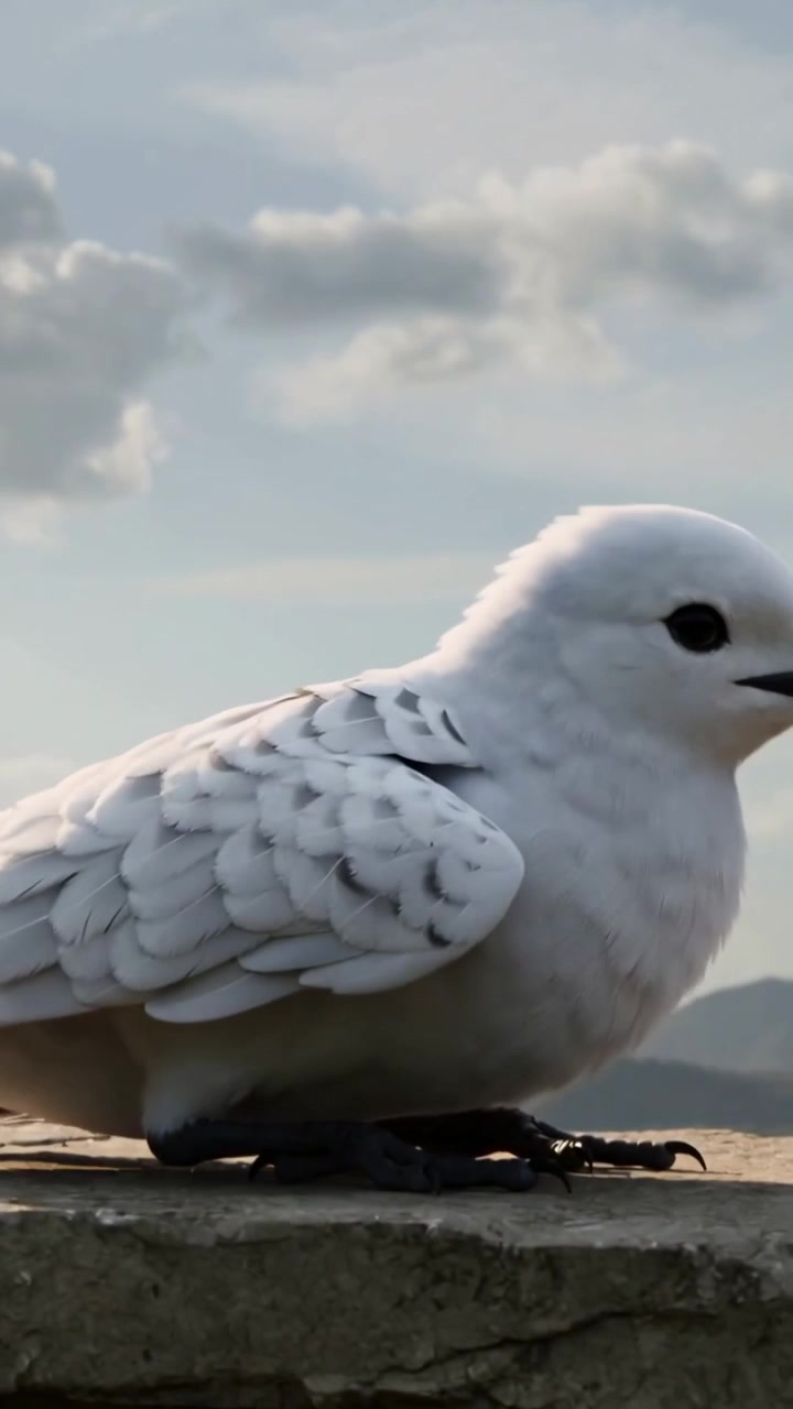 Video verticale: Uccello bianco in atterraggio proveniente dal cielo aperto, si posa su una bassa sporgenza di pietra, in cerca di riposo.
