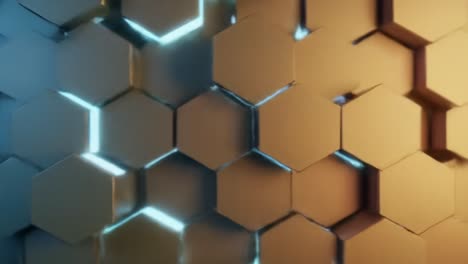 a dynamic visual transition of hexagonal patterns with shifting colors from green to orange, capturing the essence of modern design in a geometric landscape
