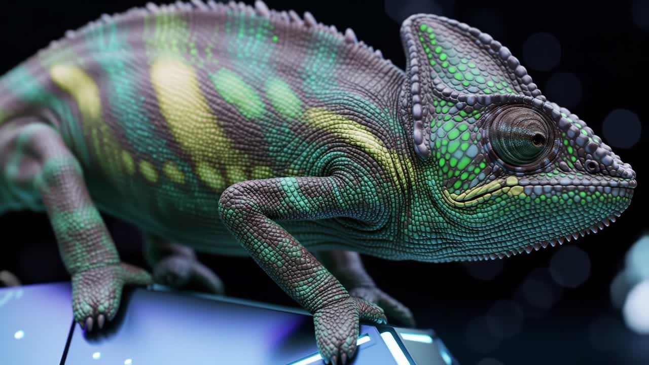 A Stunning Chameleon Showcasing Its Vibrant Colorful Skin Patterns While Perched Gracefully on a Futuristic Surface Surrounded by Soft Glowing Lights