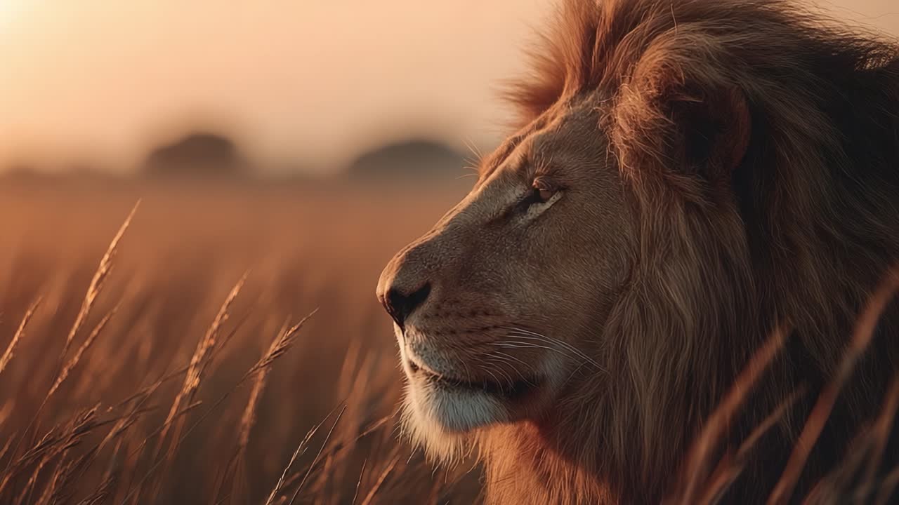 A Majestic Lion Prowling Through Golden Grasslands at Sunset: Captivating View of Nature's King in His Element