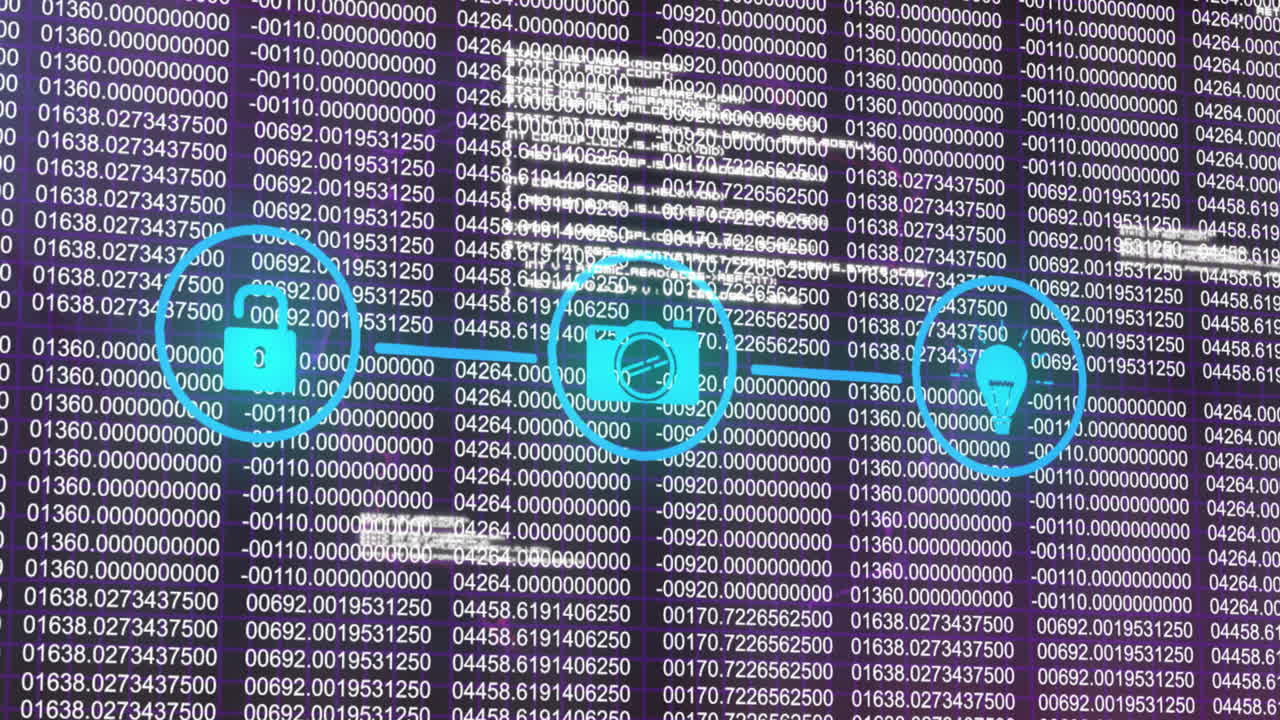 Animation of network with icons and data processing over dark background