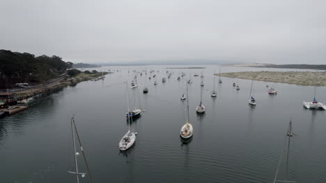 aerial flying over moored boats in marina in morro bay on overcast day