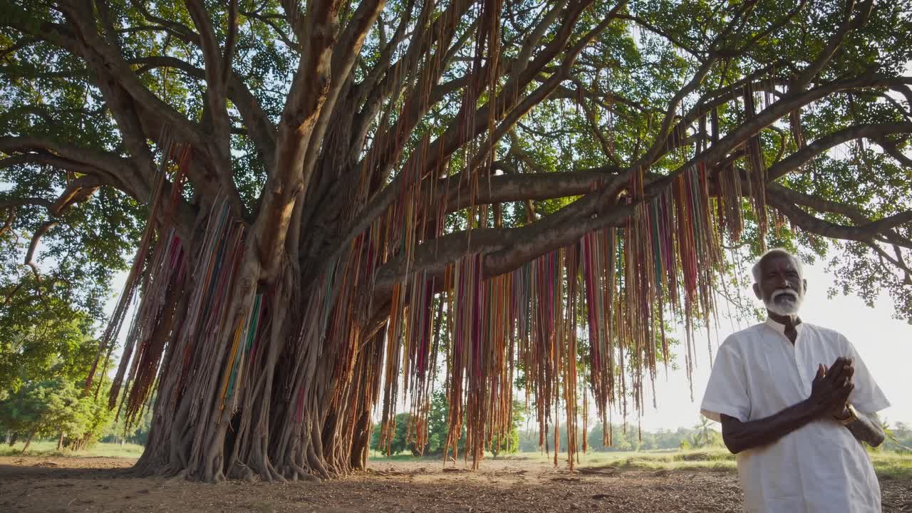 Indian senior man is praying with joined hands under a big banyan tree decorated with colorful ribbons in India, creating a spiritual and serene atmosphere