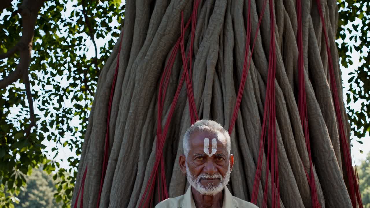 Elderly man in traditional attire meditates peacefully beneath a majestic tree, showcasing serene expression and deep connection with nature in a tranquil setting