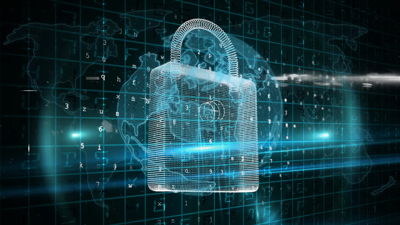 Animation of globe with online security padlock and network of connections