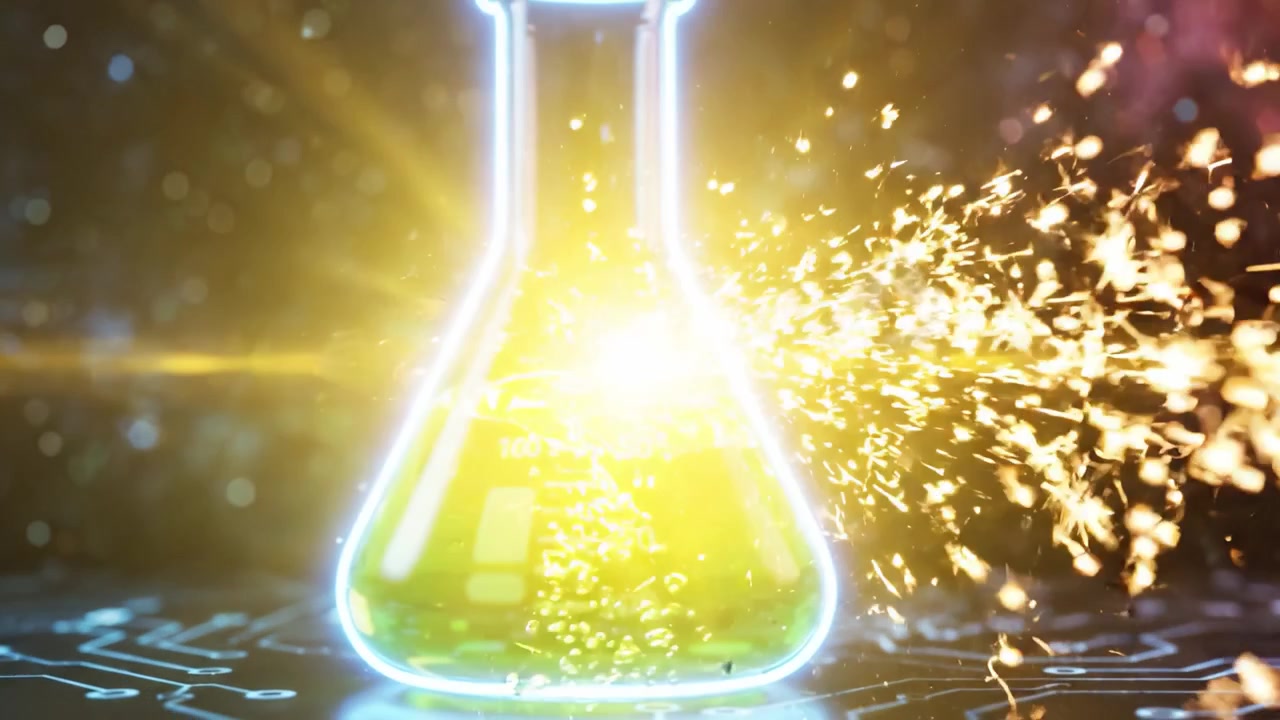 Ein leuchtender Laborflakon mit leuchtend grüner Flüssigkeit veranschaulicht die Schnittstelle von Wissenschaft und Technologie, indem er Chemie mit komplexen digitalen Elementen in einem fesselnden visuellen Erlebnis verbindet.