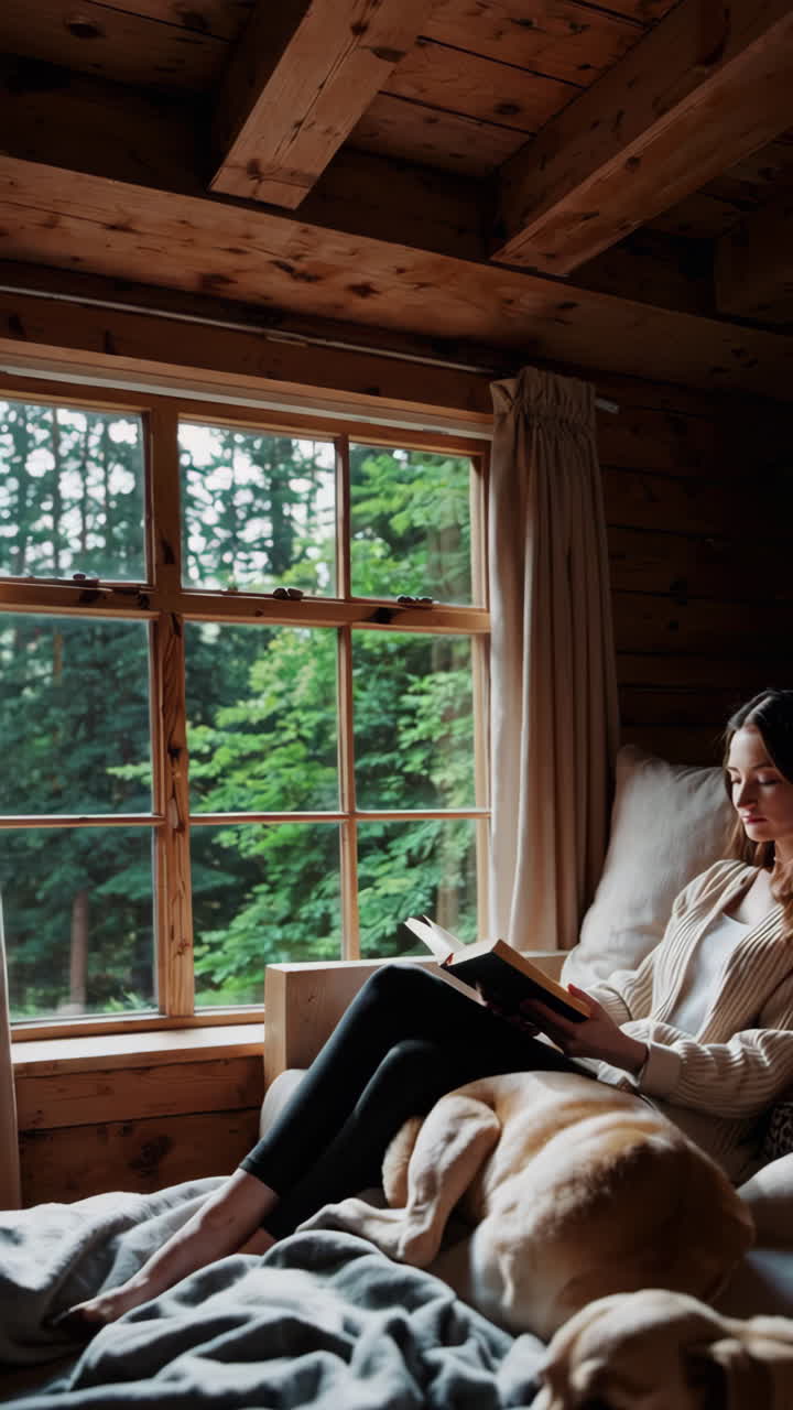 Woman reading a book by the window in a cozy cabin with her dog