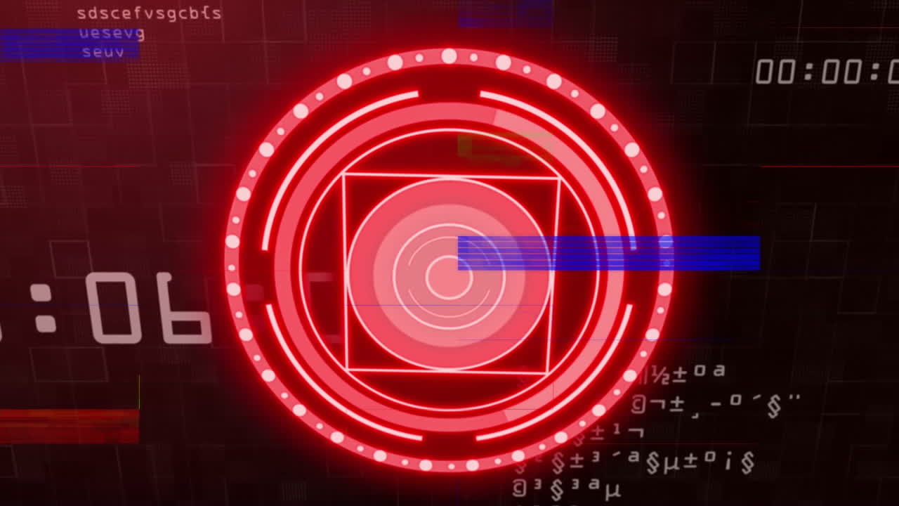 Animation of glowing red circles with cryptic text on futuristic digital interface