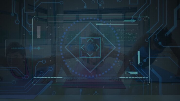 Animation of digital screen with data over caucasian woman exercising
