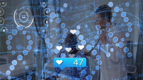 examining patient, healthcare professional using digital health data, animation of icons