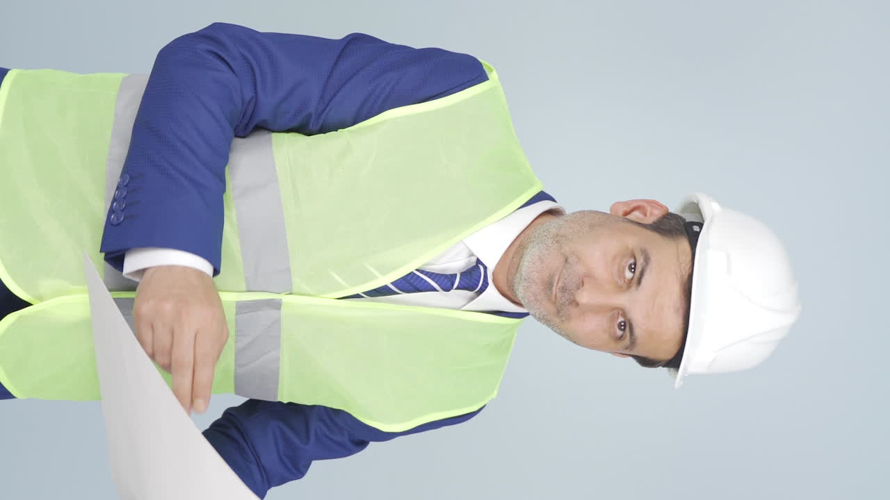 엔지니어의 수직 비디오는 그가 들은 뉴스를 승인합니다.