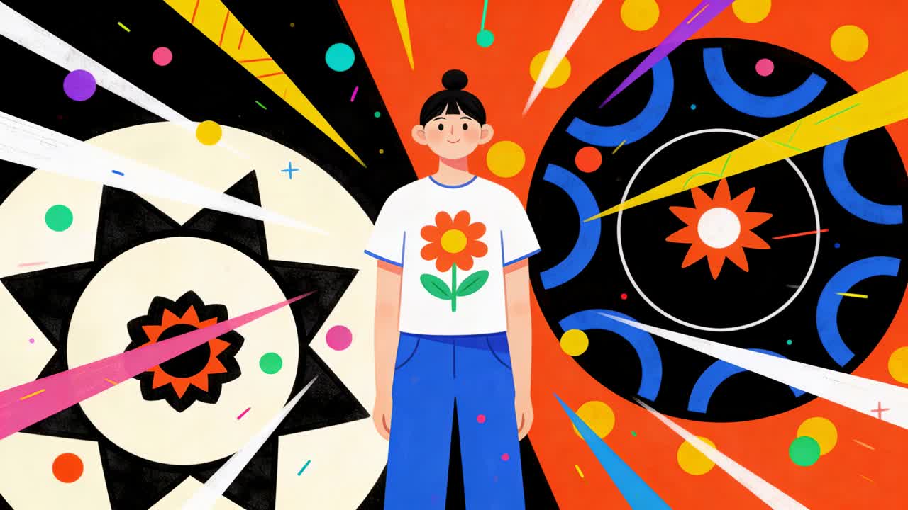Adolescente em pé, vestindo camiseta com estampa floral em uma cena gráfica, com círculos lançando raios e confetes a emoldurando.