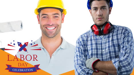 animación del texto del día del trabajo sobre trabajadores masculinos caucásicos felices
