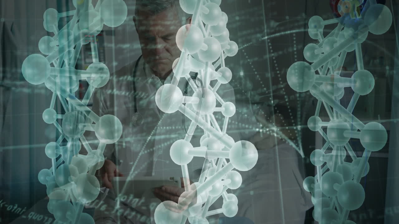 Senior male doctor examining tablet in medical lab, with holographic molecular models floating