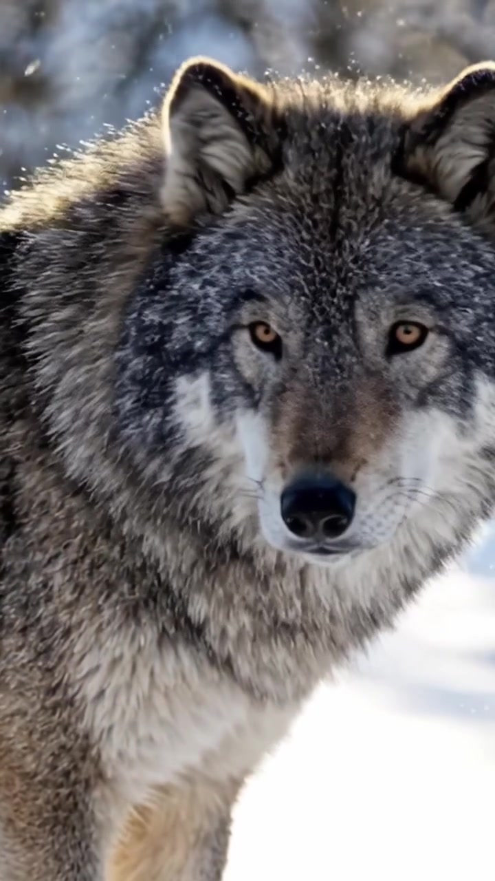 Majestic Wolf Stands in Winter Wonderland, Showcasing Its Thick Fur and Powerful Form Against a Backdrop of Snowy Forest Landscape