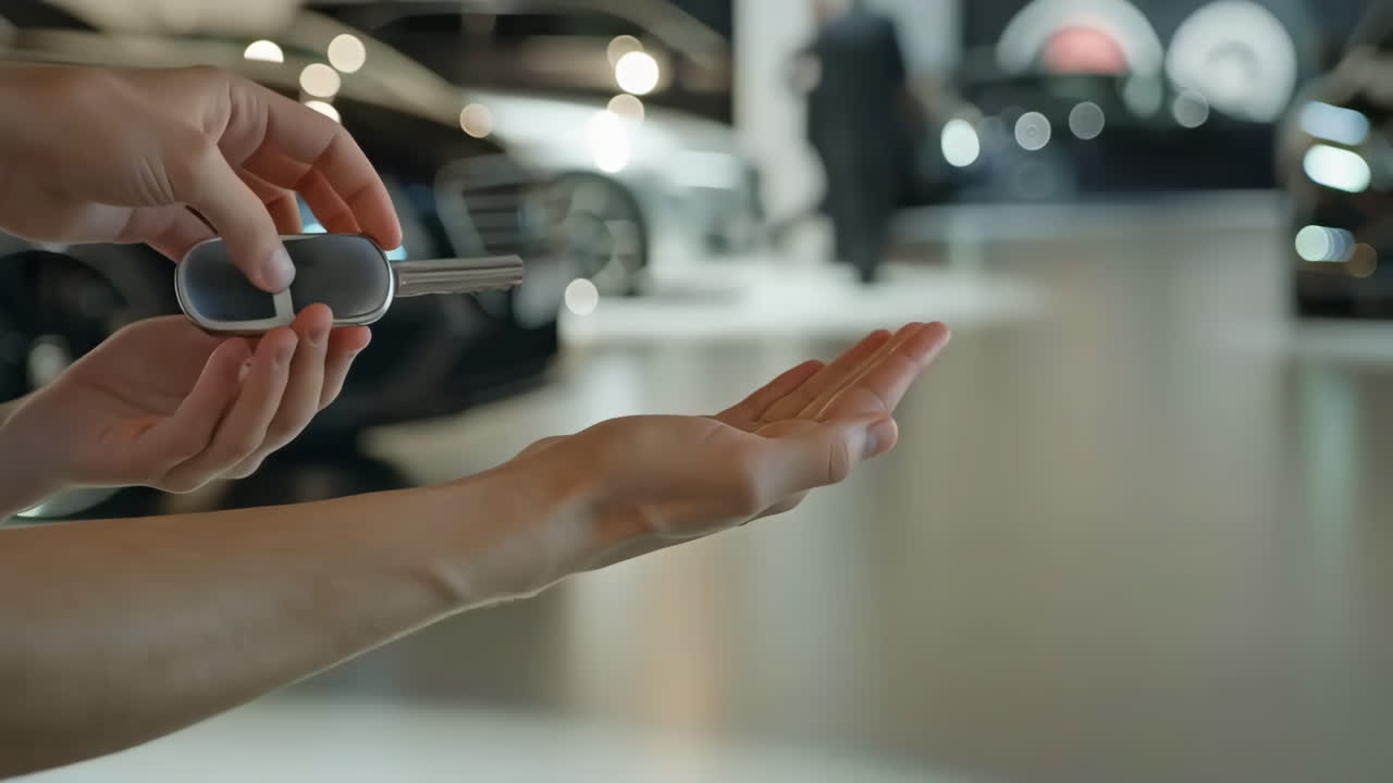 Close-up of hands receiving car keys at a dealership
