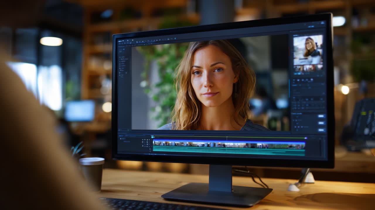 Editing Process Highlighting a Female Subject's Face on a Computer Monitor in a Modern Workspace Setup with Natural Lighting and Editing Software Interface
