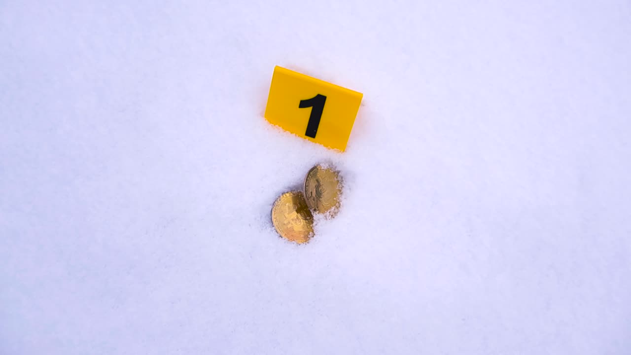 Yellow colored forensic science crime scene marker next to golden and shiny Bitcoin crypto coins on white fluffy snow while snow is falling on them in nature during day time