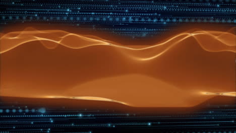 animation of flowing orange waves over digital blue binary code background