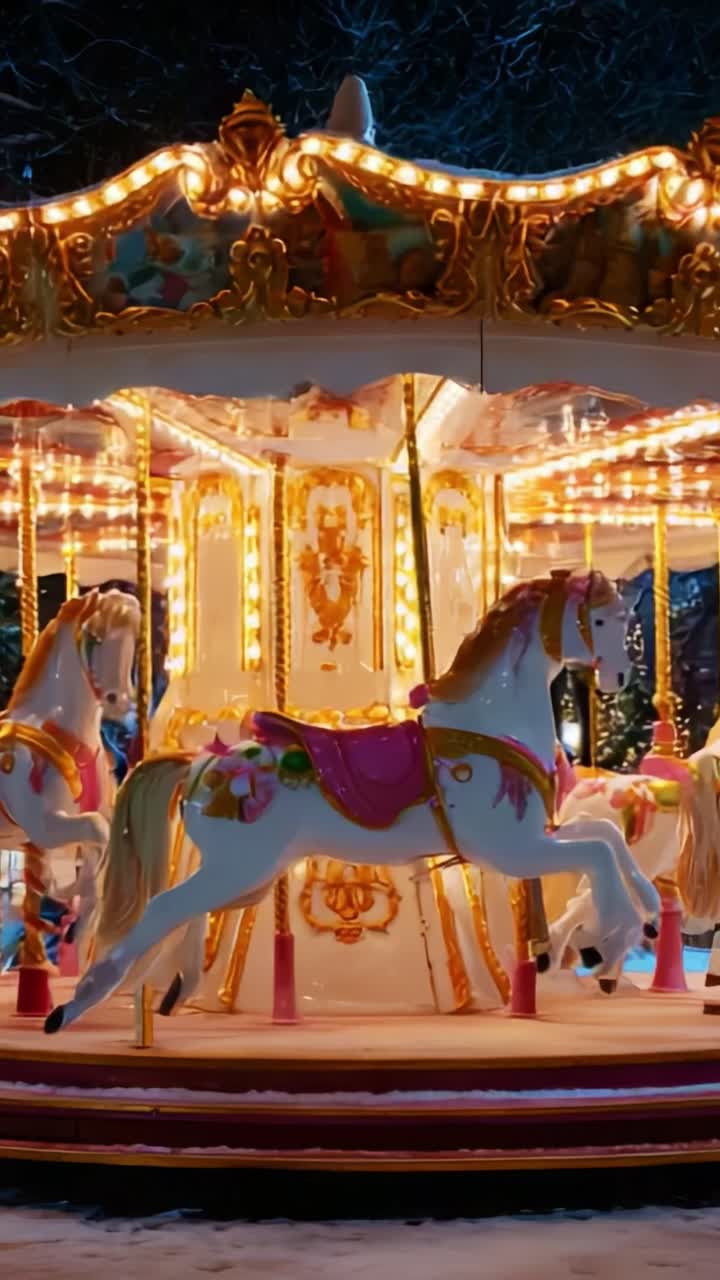 A beautifully illuminated carousel featuring ornate white horses with vibrant decorations and colorful lights, capturing the magic and joy of amusement parks during a festive evening