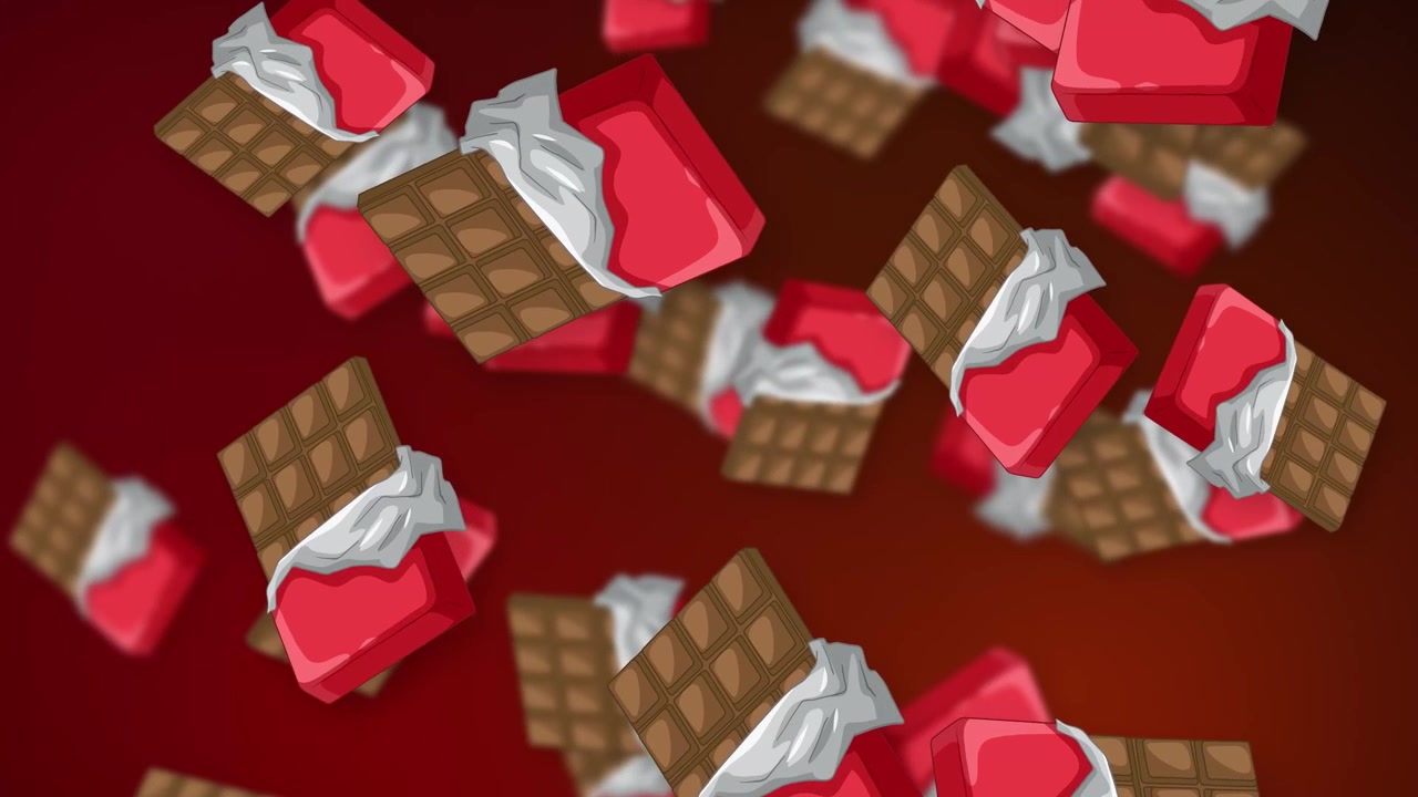 Barrette di cioccolato stilizzate e caramelle rosse cadono continuamente su uno sfondo sfumato rosso scuro