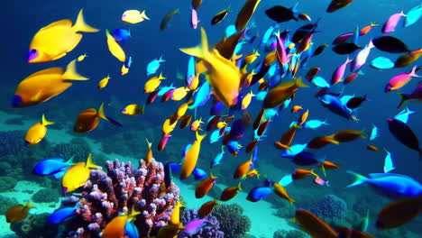 colorful fish schooling over coral reef