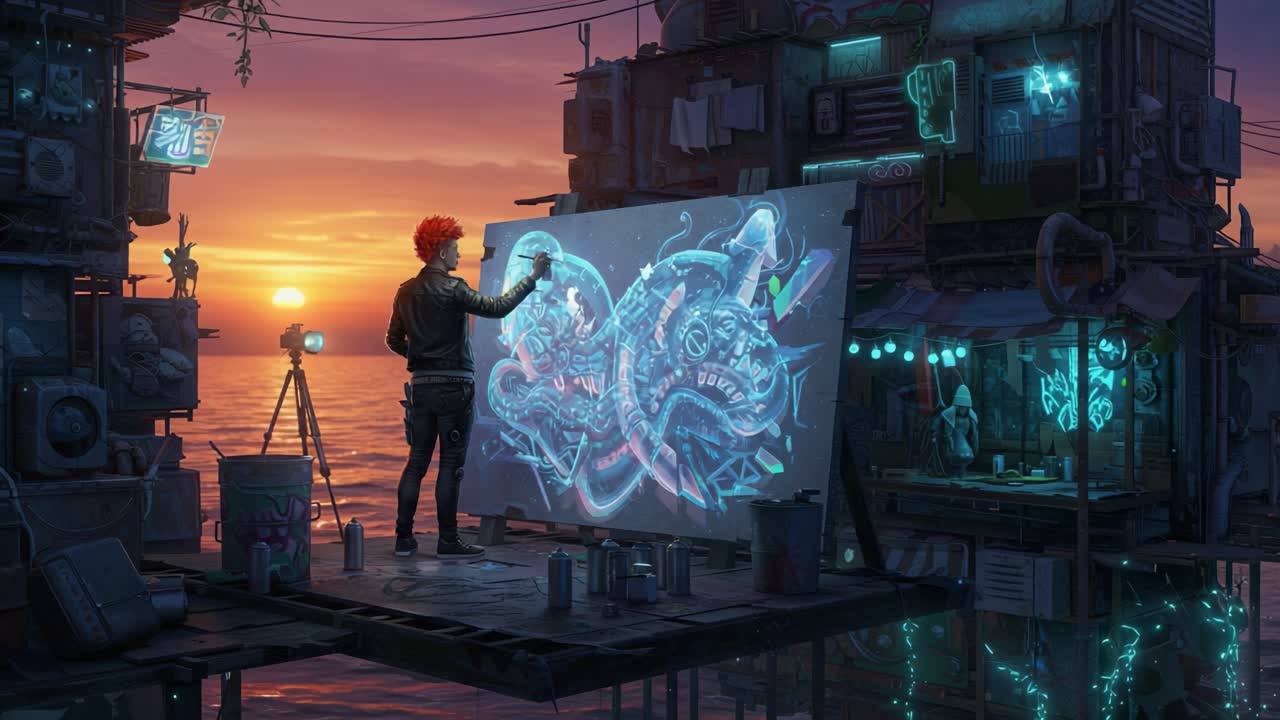 An Urban Artist Paints a Vibrant Mural at Sunset, Combining Cybernetic Elements with Nature in a Futuristic Setting Over Water