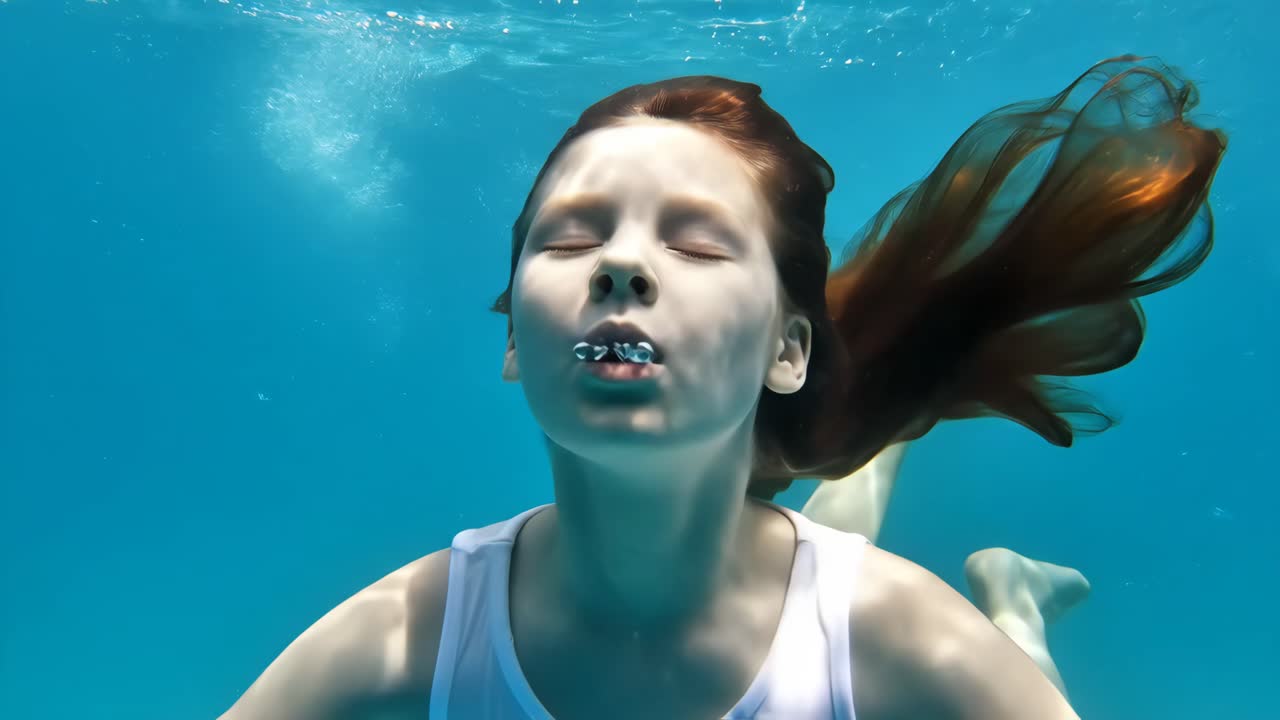 Woman underwater with bubbles