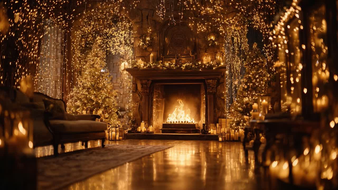 A Cozy, Elegantly Decorated Room Transformed by Twinkling Lights and a Glowing Fireplace, Creating an Enchanting Atmosphere Perfect for Holiday Gatherings