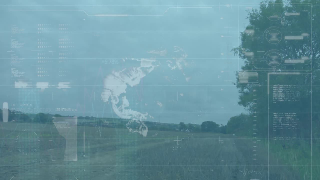 푸른 하늘을 배경으로 회전하는 풍차에 대한 데이터 처리 인터페이스의 애니메이션