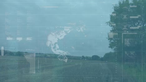 animación de la interfaz con el procesamiento de datos sobre molinos de viento que giran contra el cielo azul